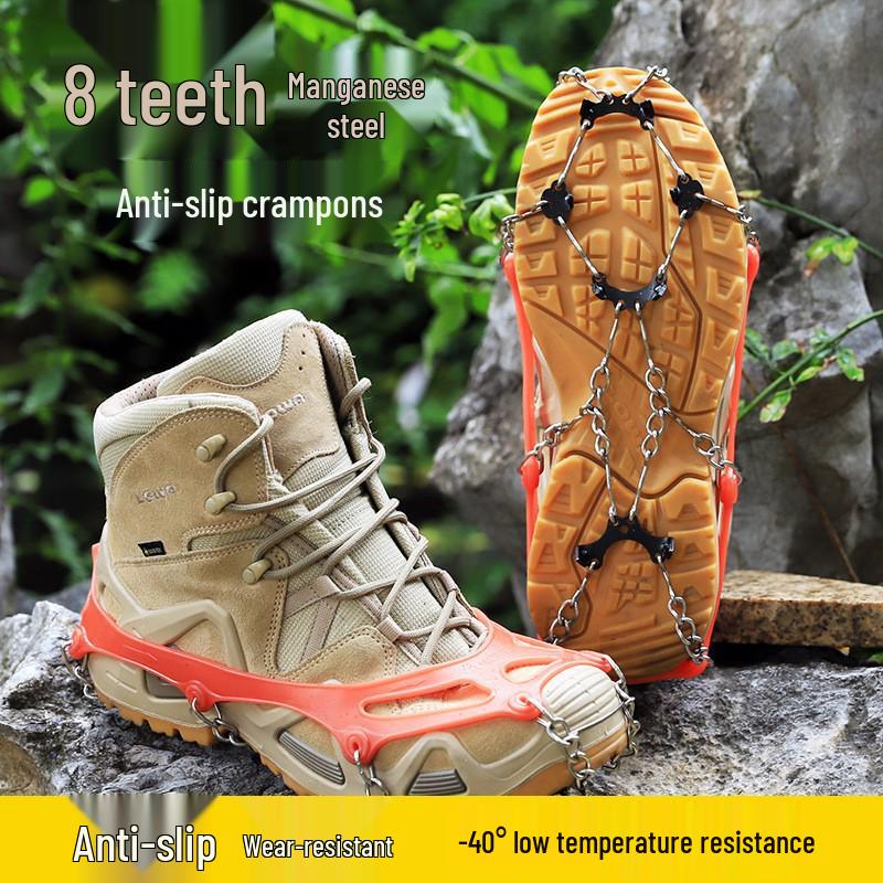 Crampones Reforzados con Bolsa de Almacenamiento: Cubrezapatos Antideslizantes de Látex Duraderos de 8 Dientes para Superficies Lluviosas, Rocosas y Nevadas.