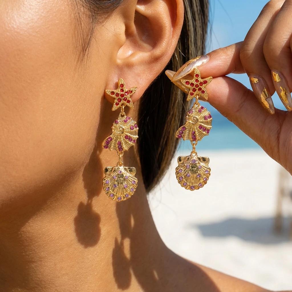 

Boho Starfish Imitation Pearl Teardrop Drop Earrings For Women Blue Enamel Gold Color Dangle Earring Beach Jewelry Gift