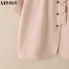 VONDA Women Short Sleeve Side Buttons Up Ruffled Solid Casual Blouse