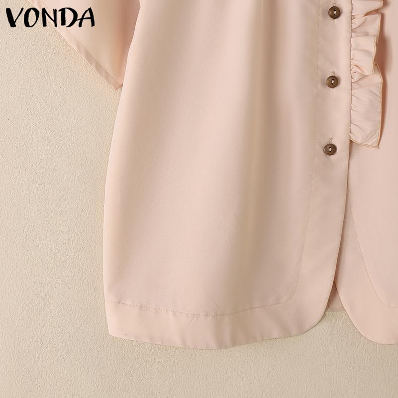 VONDA Women Short Sleeve Side Buttons Up Ruffled Solid Casual Blouse