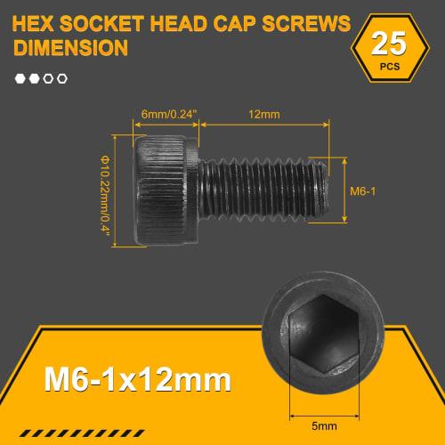 DTGN M6-1x12 Hex Socket Head Cap Screws, 25pcs, Carbon Steel Hex Head Metric Screws, Black, Ideal for Road Bikes, Mountain Bikes, Cars, and Motorcycle
