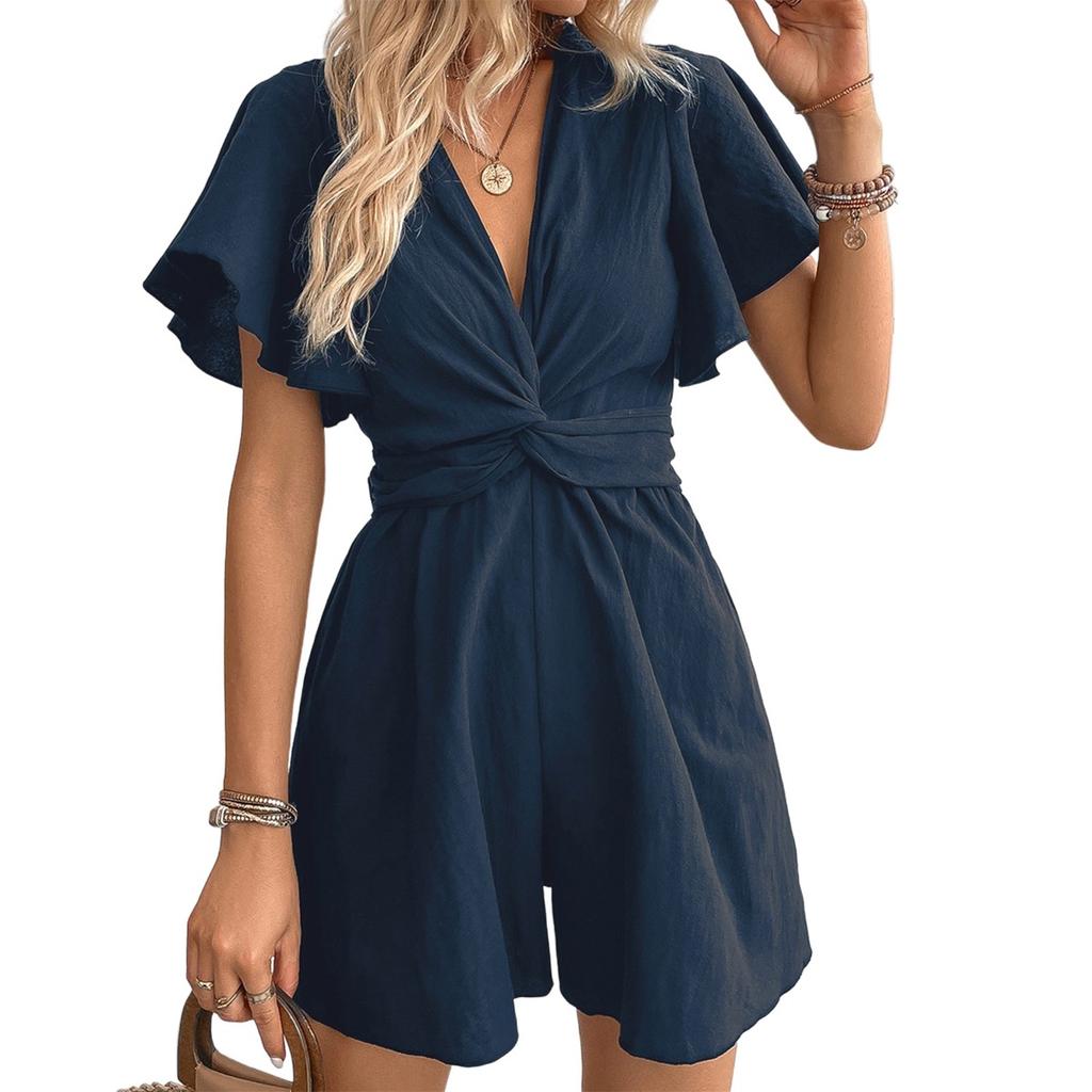 Women's Casual V-Neck Solid Color Flared Sleeve Dress Pants