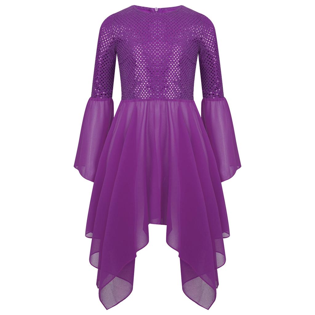 Girls Liturgical Dance Dress Shiny Sequins Patchwork Round Neck Flared Sleeve Asymmetrical Hem Performance Tunic