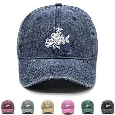 Human Skeleton and Fish Print Snapback Sun Hat, Fishing Rod Mesh Hat Fit Hip Hop Distressed Raw Brim Adjustable Baseball Hat
