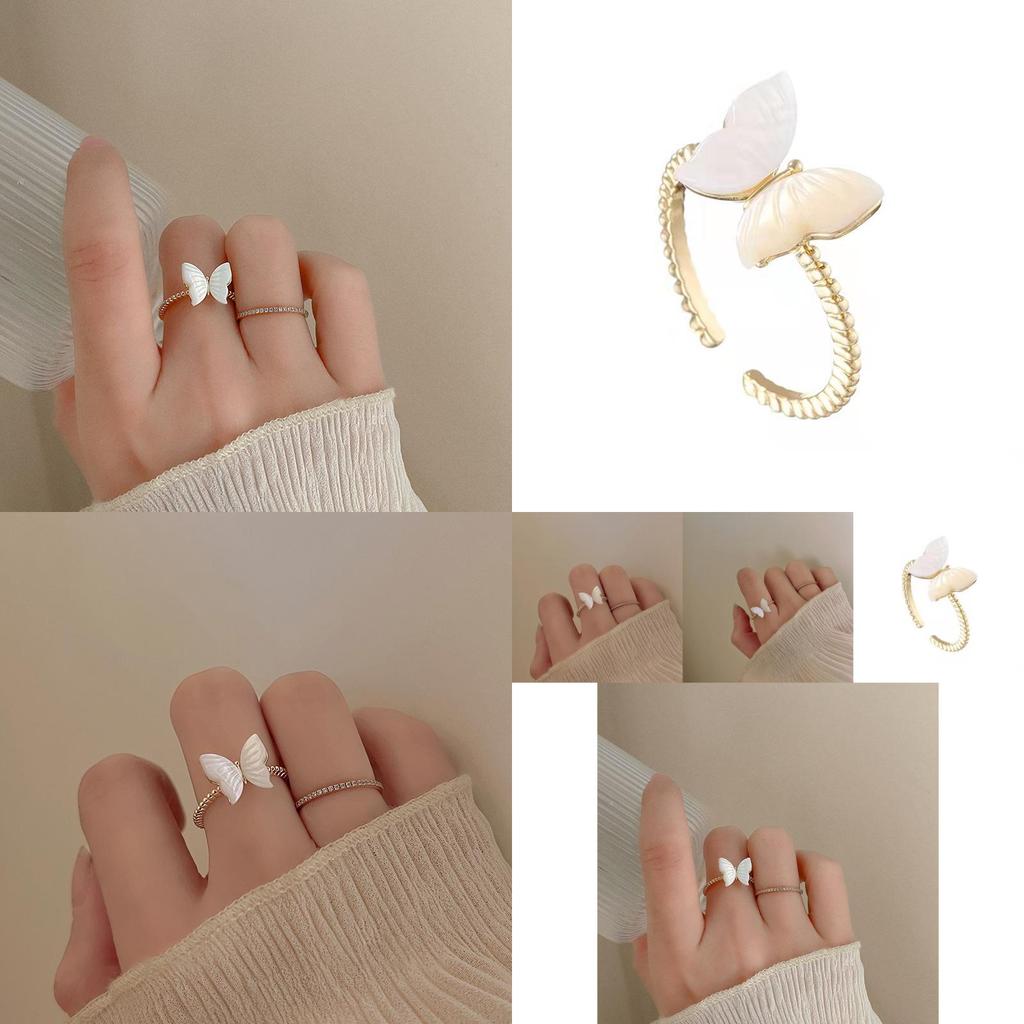 Elegant Butterfly Mother-of-pearl Copper Ring For Women Adjustable Fashion Accessory