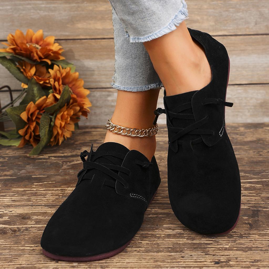 Fashion 2025 Spring/autumn New Women's Shoes Fashionable Round Toe Suede Flat Shoes Lightweight Shoelace Casual Sneakers Large Size 43