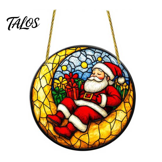 Stained Glass Style Holiday Decor Christmas Hanging Pendant, Acrylic Santa Claus Plants Ornaments with Lanyard Decorative for Xmas Tree Decoration,