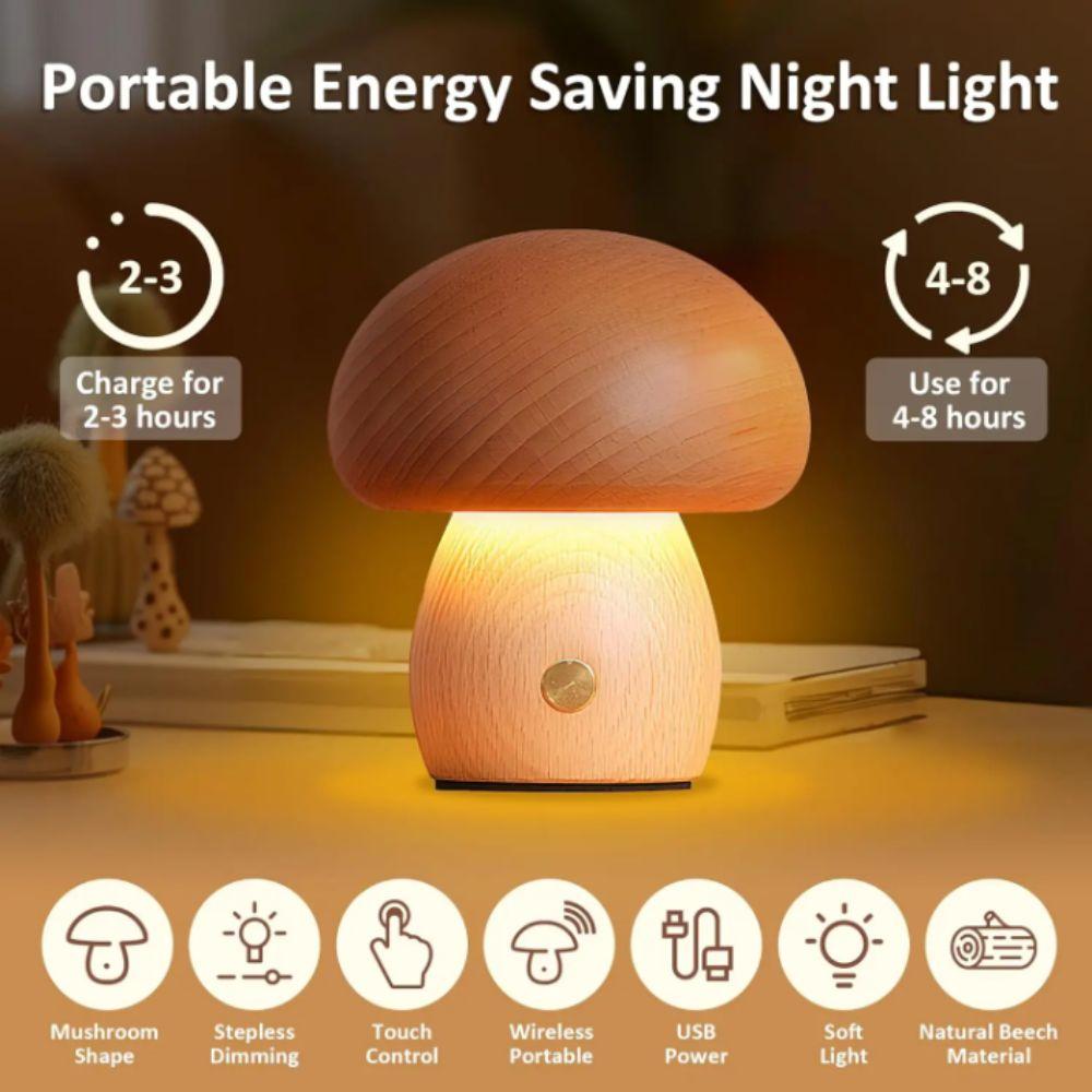Touch Switch Wooden Mushroom Night Light LED Night Light Wooden Material Stepless Dimming Lamp 3 Color Light Battery Operated