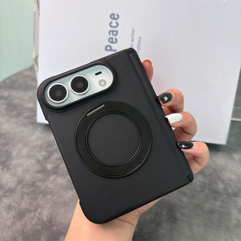 IPhone 18 Duo Foldable Phone Case With 360 Rotating Stand Magnetic Mid-Hinge Full-Body Leather Cover Anti-Drop Protection