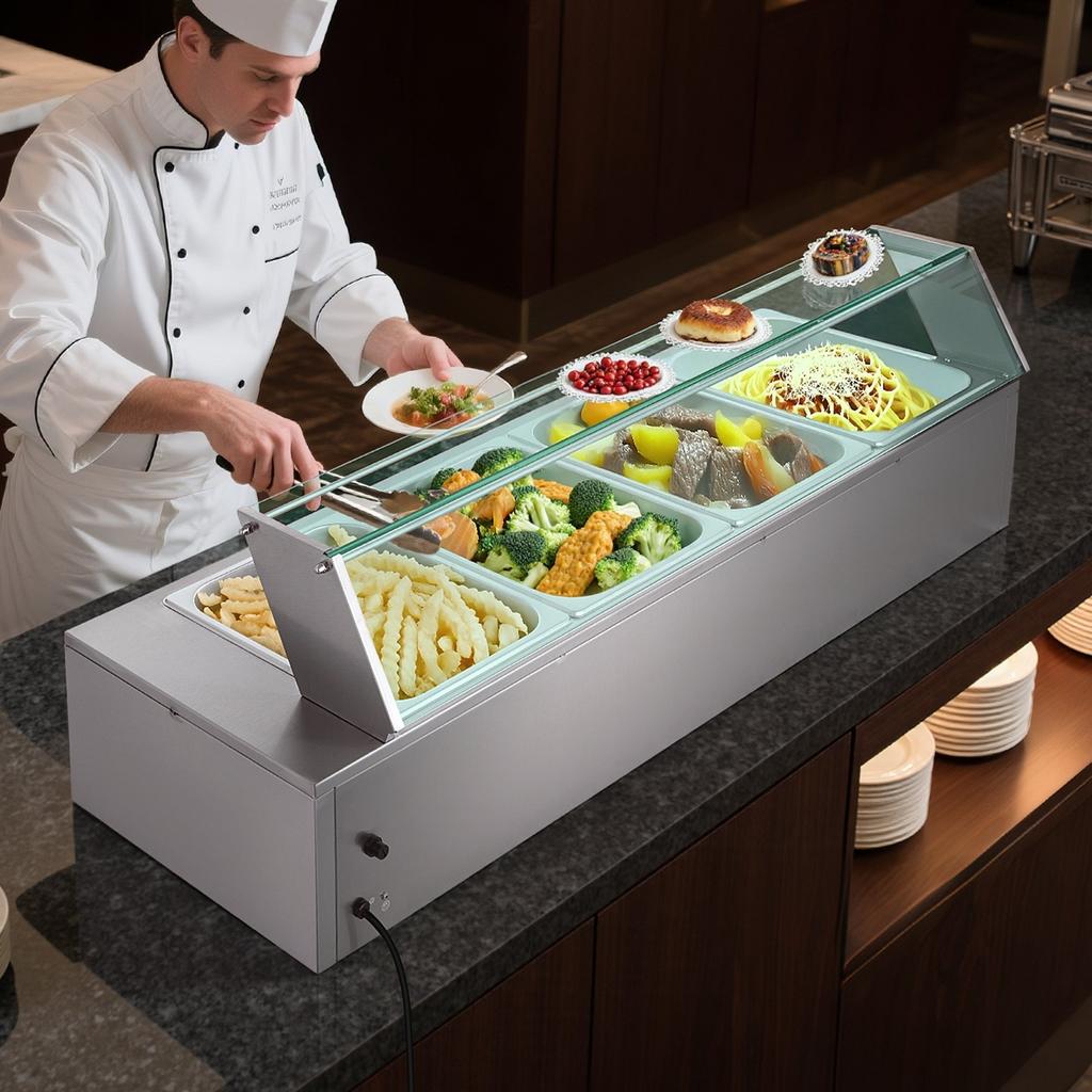 Commercial Food Warmer, 1500W Electric Stainless Steel Steam Food Warmer with Glass Cover, 4-Pan Countertop Buffet Bain Marie with Soup & Perforated