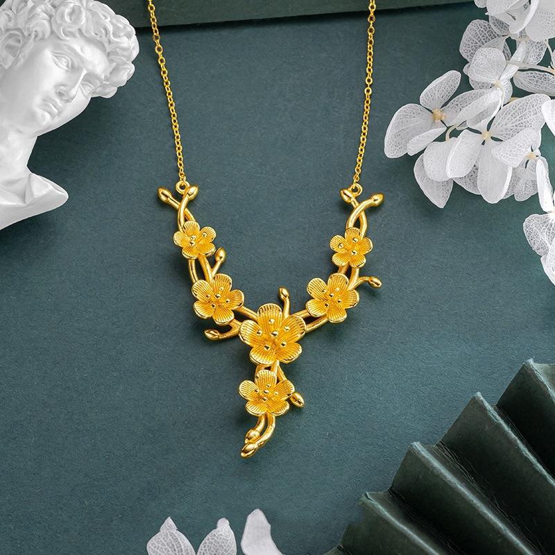 Luxury Pure Gold Real Gold Women s Large Flower-like Brocade Chain Wedding Flower Necklace