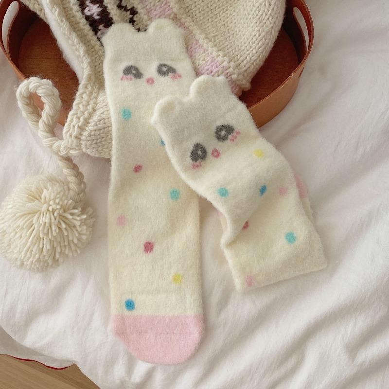 Winter Fleece Thickened Socks - Soft and Warm Mid-calf Socks in Pink, Cute Cartoon Design, Australian Wool Fluffy Socks