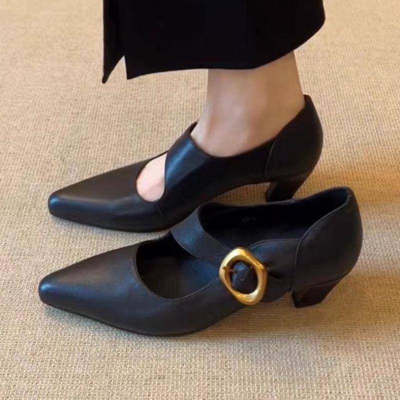 Fashion Fashion Pointed Toe Women Mid Heels Shoes Elegant Chunky Shallow Sandals 2025 Autumn New Trends Pumps Buckle Dress Zapatillas