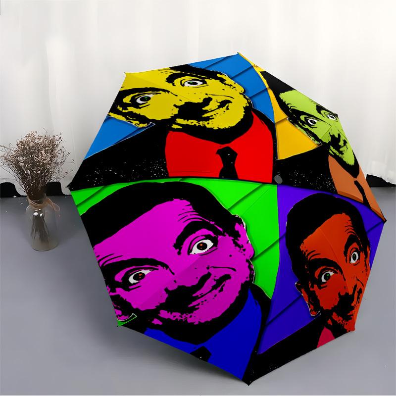 1pc Mr. Bean Pop Art Automatic Open/Close Umbrella Folding Umbrella, Portable Compact Travel Umbrella, Gift for Men & Women y07