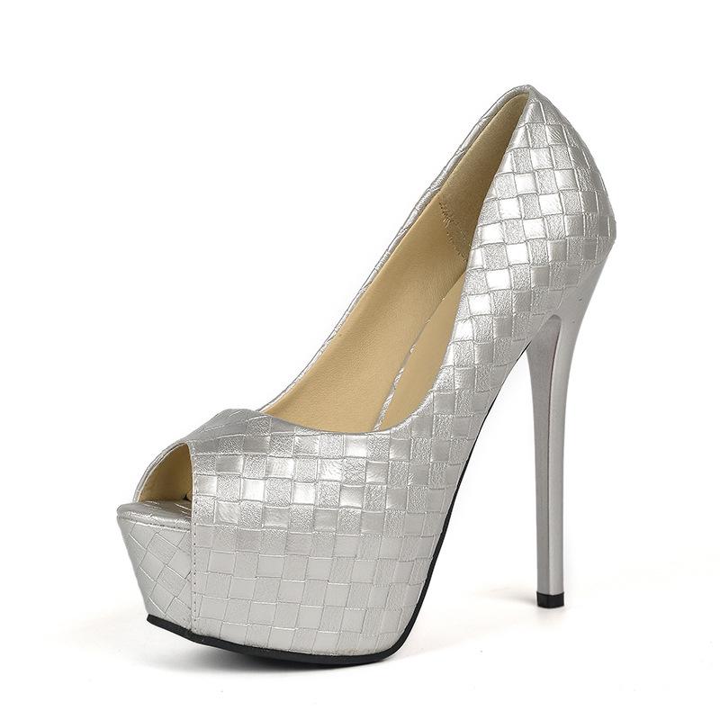 Spring and Autumn Fine Heel Super High Heel Waterproof Table Fish Mouth Women's Shoes Single Shoes Woven Plaid Women's Shoes