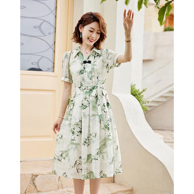New Chinese Style Printed Tie-Waist Lapel Shirt Dress