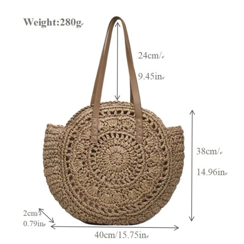 Versatile Shoulder Round Straw Bag Hand-woven Bag Large Capacity Portable Tote Bag Seaside Vacation Beach Bag