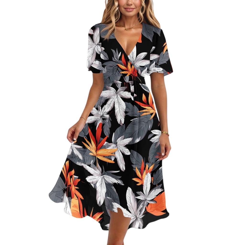 Women's Fashion Casual V Neck Short Sleeve Ruffled Vintage Printed Dresses