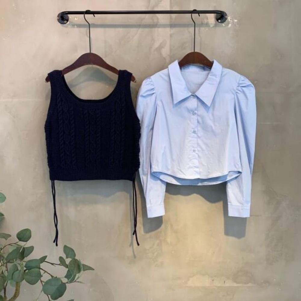 C S In The Room Women Puff blouSe + Cable Knit Crop veSt 3 ColorS