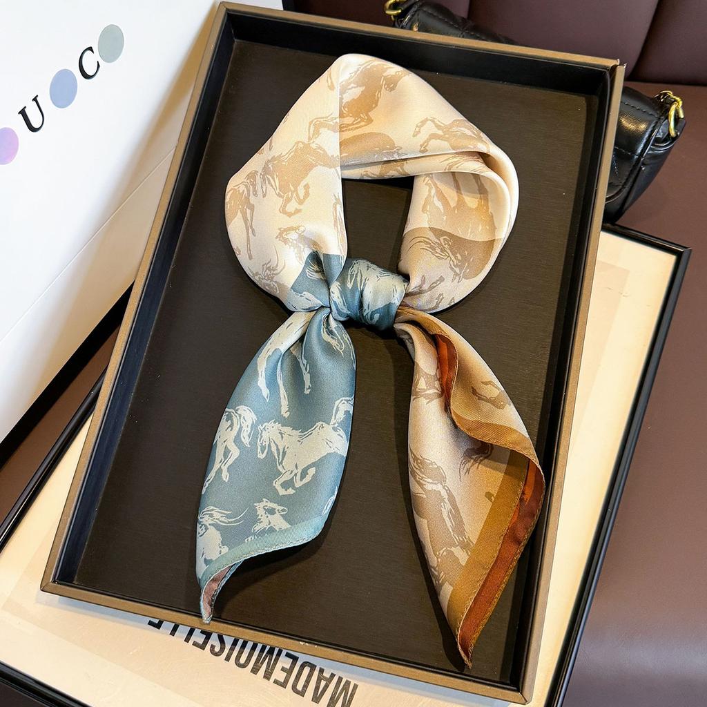 New Splicing Contrasting Color Double-sided Heterochrome Medium Square Scarf Mulberry Silk Twill Silk High-end Neck Protection Scarf