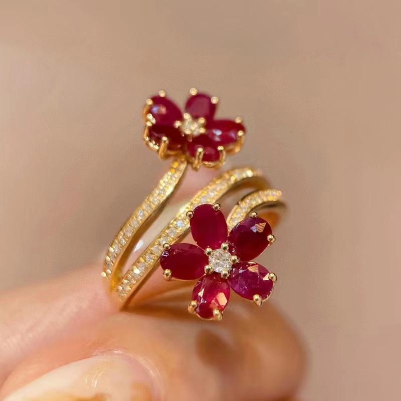 Retro Ruby Flower Ring: Women's Elegant Luxury Open Index Finger Ring with Full Diamond Inlay