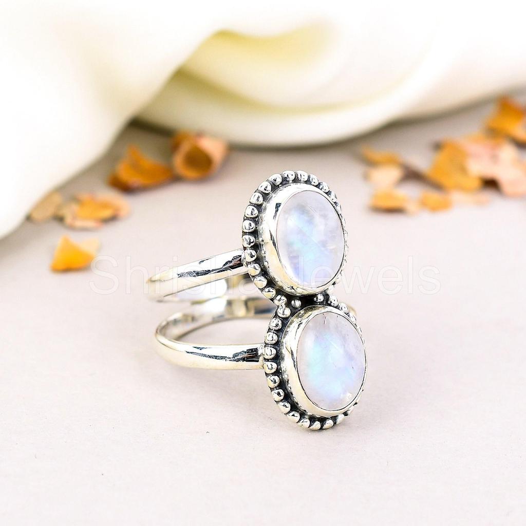 925 Sterling Silver Rainbow Moonstone Gemstone Oval Shape Ring For Women Black Moonstone Ring