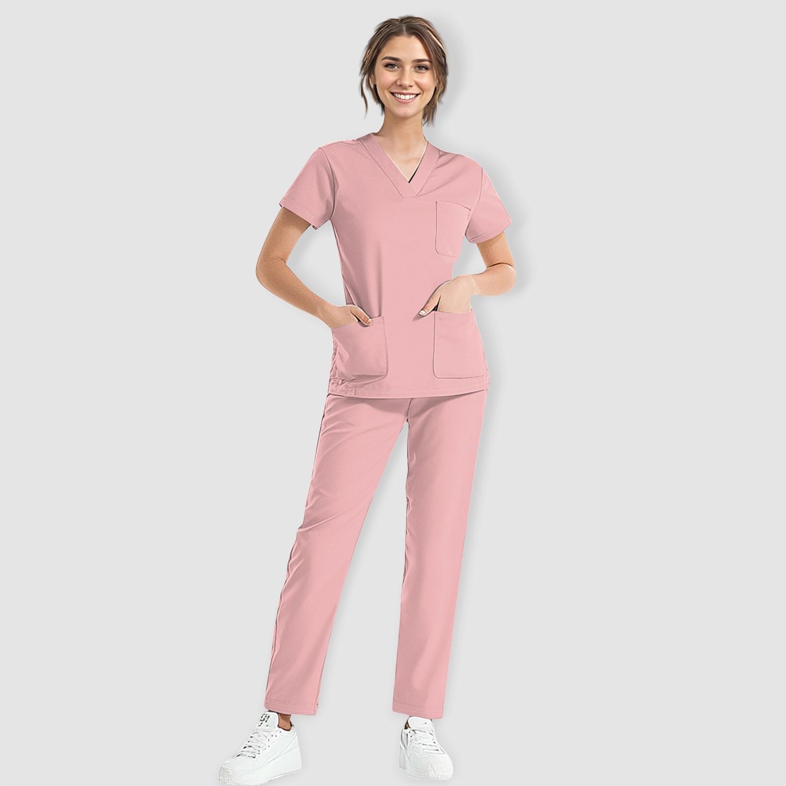 

Женский однотонный рабочий топ с коротким рукавом и V-образным вырезом, нагрудным карманом, эластичный пояс, брюки, комплект из двух предметов, 3 кармана, женские рабочие топы XL розовый