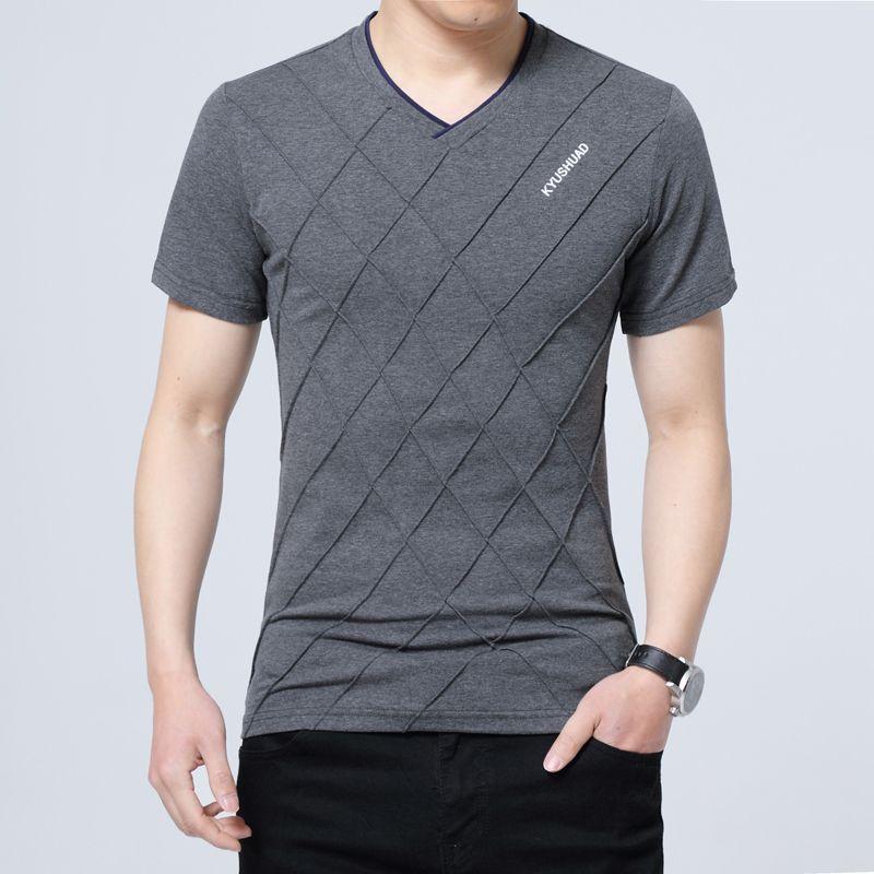 New Summer Slim Fit Korean Version V-neck Letter Print 3D Checkered Casual Oversized Elastic Short Sleeved T-shirt for Men