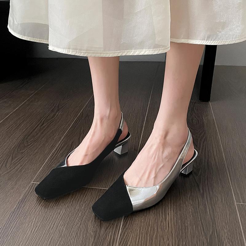 Sandalias Baotou de Bloque de Color Retro de Moda Verano Nuevo Punta Cuadrada Boca Baja Una Tira Espalda Vacía Antideslizantes Tacones Altos