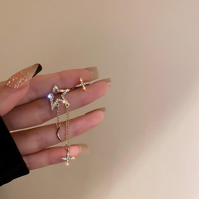 

Корейская бриллиантовая звезда и луна с кисточками для ушей - без пирсинга, элегантные серьги золотой