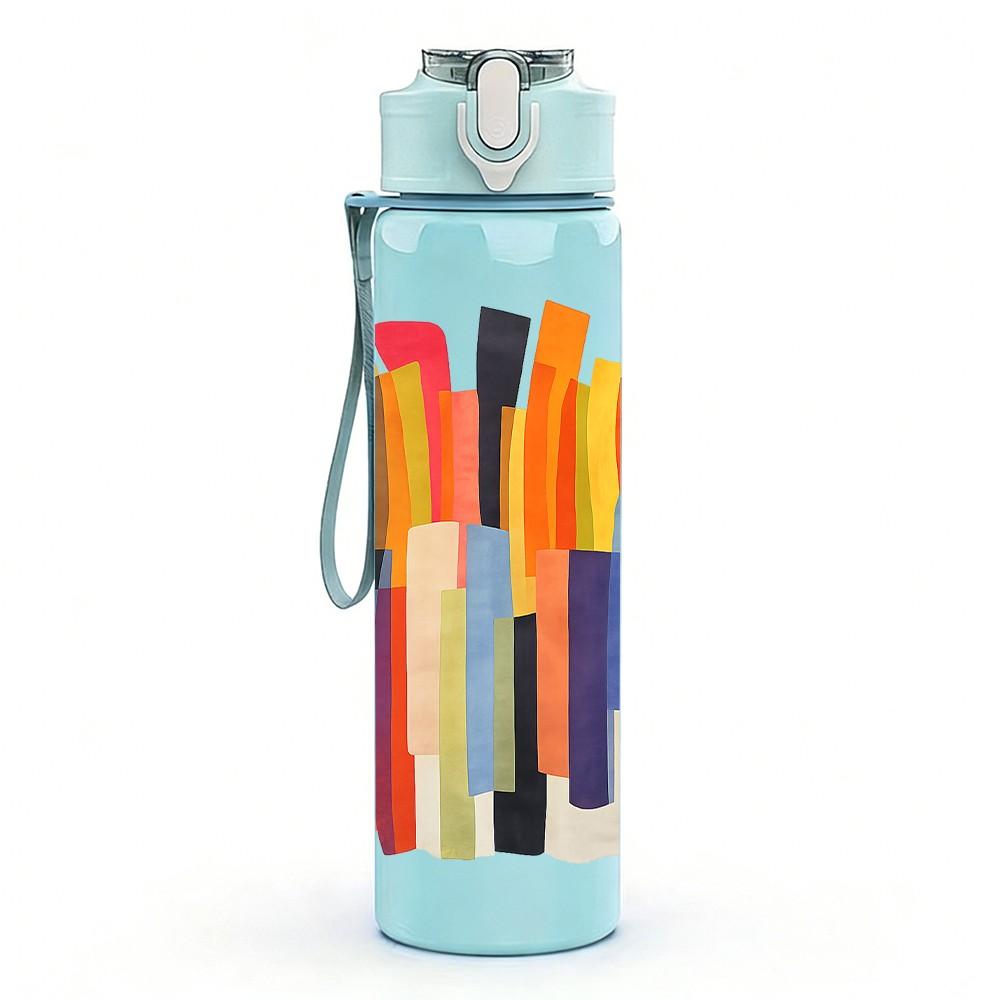 1PC Stacked Colorful Pencil Art Print 750ml Color Plastic Sports Water Bottle Leakproof Flip Straw Lid Suitable for Sports Office Home Use