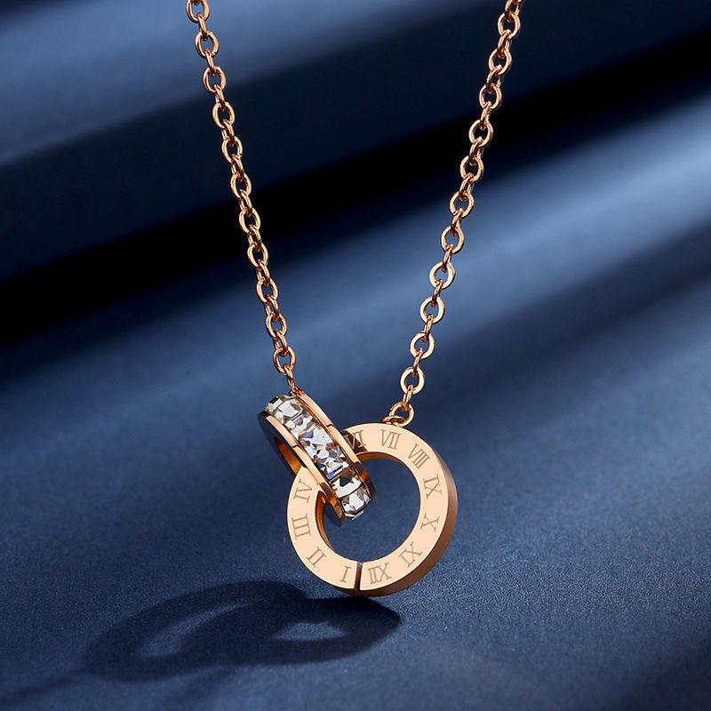 Whole Body Titanium Steel Electroplated 18K Roman Numerals Double Ring Necklace Light Luxury Titanium Steel Collarbone Chain Pendant Price