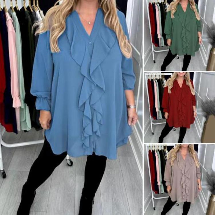 Casual Women Blouse V Neck Loose Fit Long Sleeve Ruffle Trim Solid Color Chiffon Daily Wear Tops