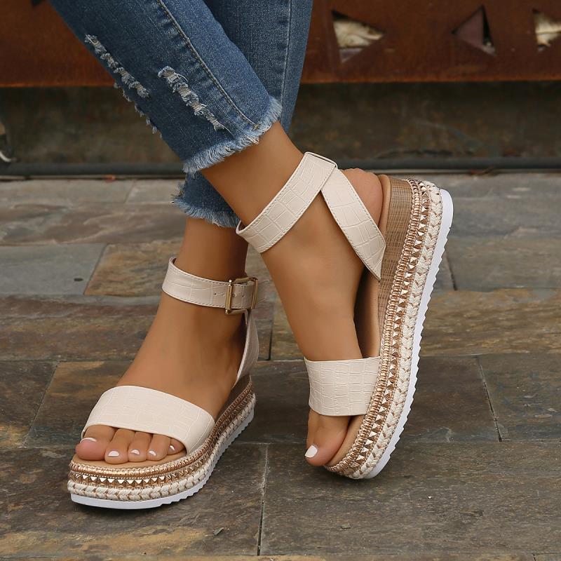 

Spring and summer new hemp rope wedge heel sandals women s muffin thick-soled rivets one-word buckle sandals 42