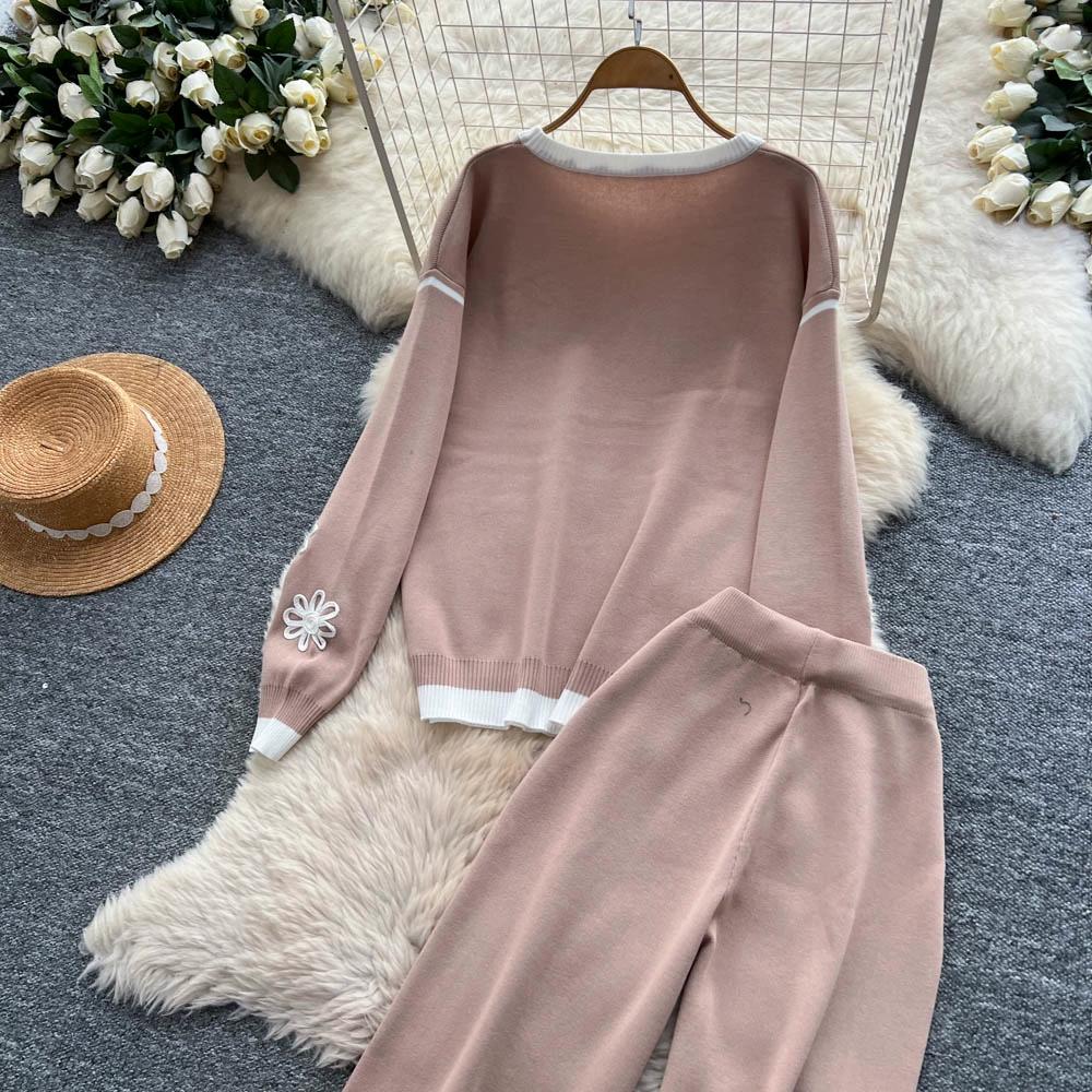 Autumn Winter Women Vintage Embroidery Flower Knitted Sweater Trouser Two Piece Set O-neck Pullover Tops and Pant Tracksuit