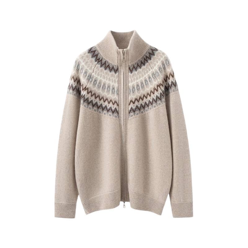 Fair Isle Jacquard Women's Color Block Cashmere Cardigan - 2025 Autumn/Winter Lapel Zipper Jacket
