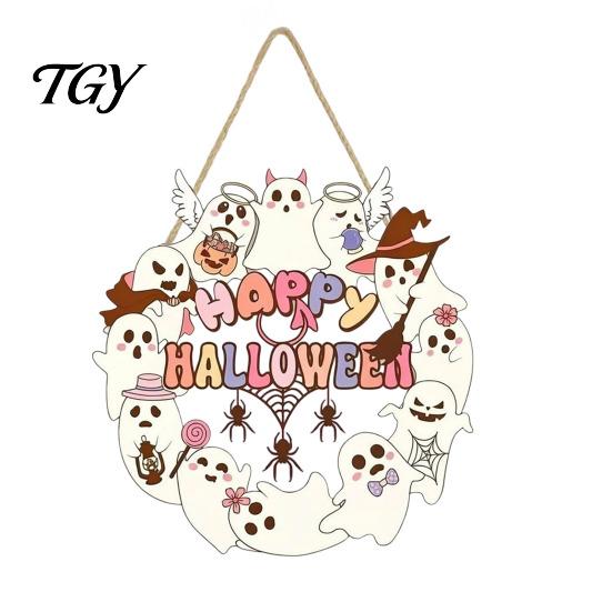 Fall Front Porch Signs Halloween Wooden Wreath Door Hanger Sign, Pumpkin Ghost Black Cat Witch Weatherproof Wall Decorations Bat Patterns, Hanging