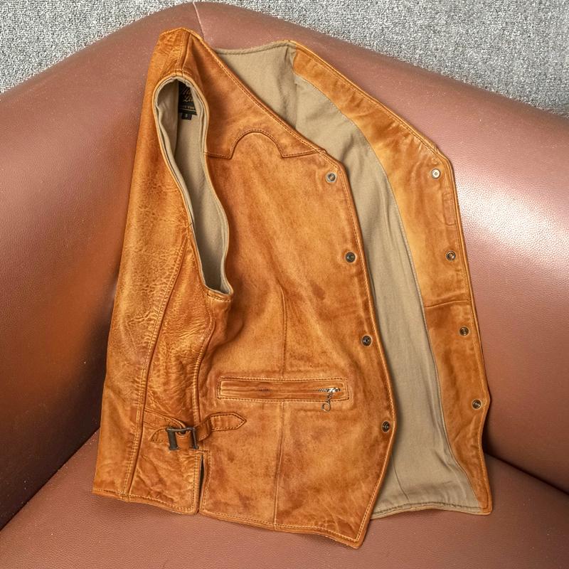 Vintage Heavy Washed Genuine Lambskin Leather Vest Mens Slim Fit Casual Waistcoat