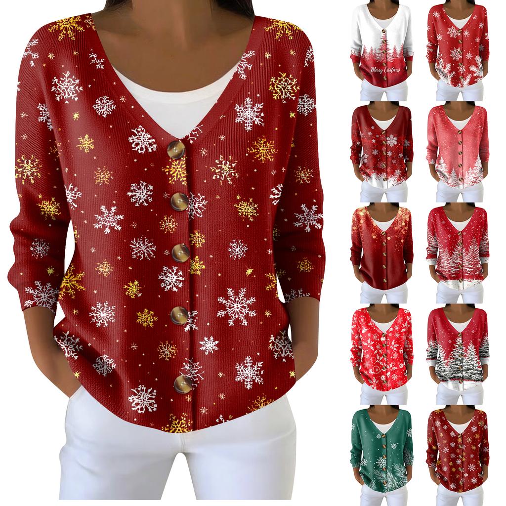 Damemote Langermet Christmas Snowman Snowflake Print Jakke Cardigan