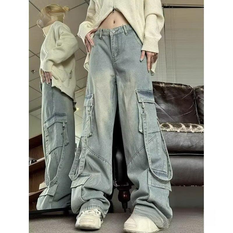 2024 American Style Women's Denim Overalls: High Street Multi-Pocket Wide Leg Retro Jeans for Autumn