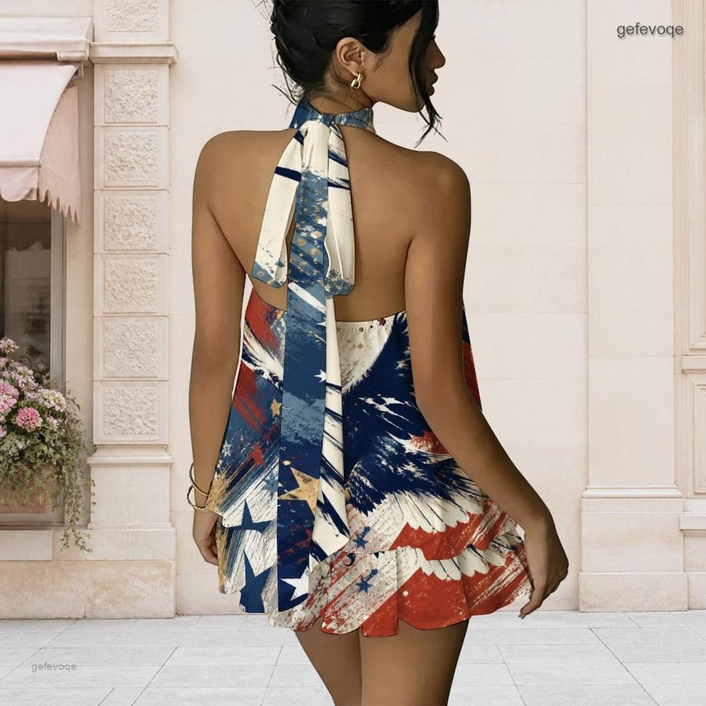 Women Plus Size Halter Backless Fake Two Piece Dress Cosmic Planet Star Patriotic Print Mini Dress