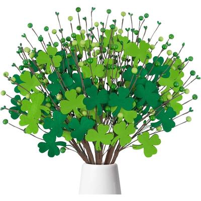 6 Pcs Home Decorations 42cm Artificial Flowers Shamrock Green Berry Stems Lucky Clover Floral Branches Gifts for Party Table Centerpieces Home Decor