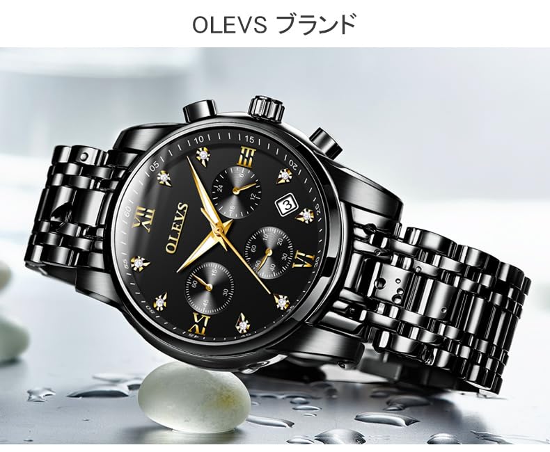 OLEVS Business Stainless Steel Analog Stylish Casual Watch for Day Christmas Gift Men's Watch, Watch, Band, Display, Men, Father's Gift, (Black/Black)