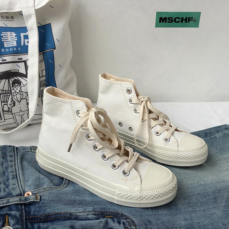 Spring's Little White Shoes Women's Pure White Versatile High-top Canvas Shoes Trendy Ryan Vulcanized Board Shoes