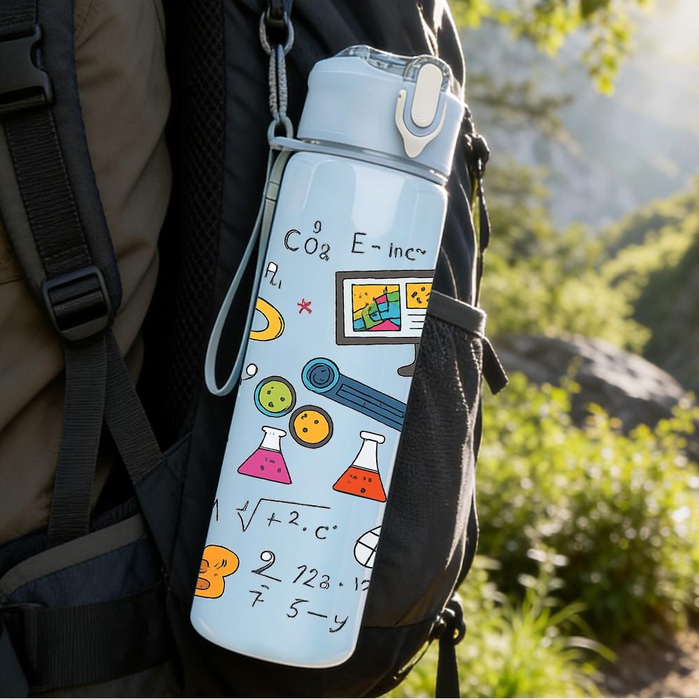 1PC Doodle Mixed Stationery Pattern Print 750ml Color Plastic Sports Water Bottle Leakproof Flip Straw Lid Suitable for Sports Office Home Use