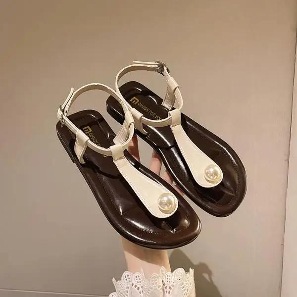 

Fashion 2025 Summer Retro Woman Shoes Flip Flops Platform Gladiator Original Pearl New Flat Girls Outside Corrective 35