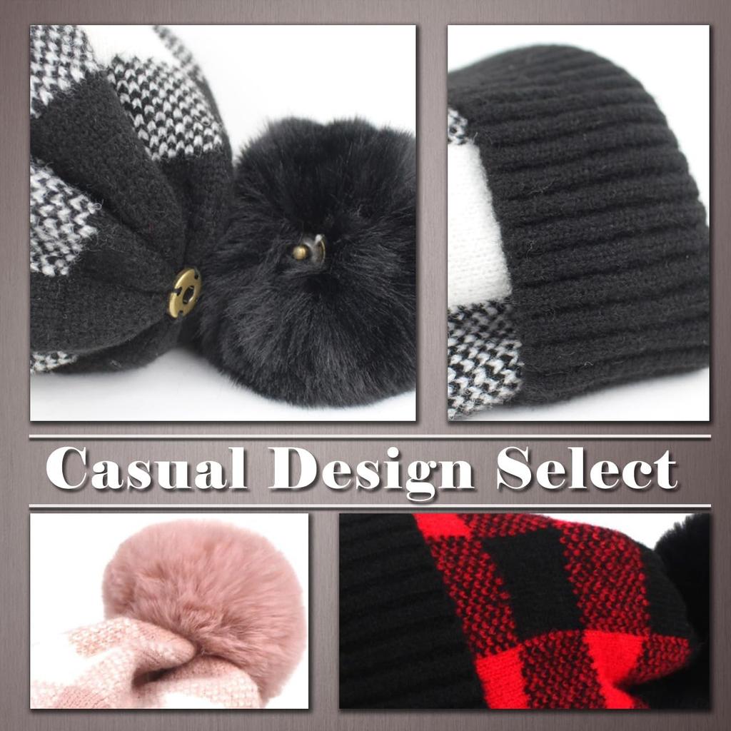 Knitted Check Pattern Hat with CP868 [One Limitation] Pom-Pom, Acrylic, Casual, Women's (Red)