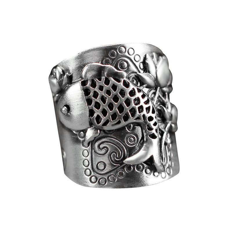 Beautiful S925 Silver Wide Adjustable Ring Featuring Elegant Fish And Geometric Patterns