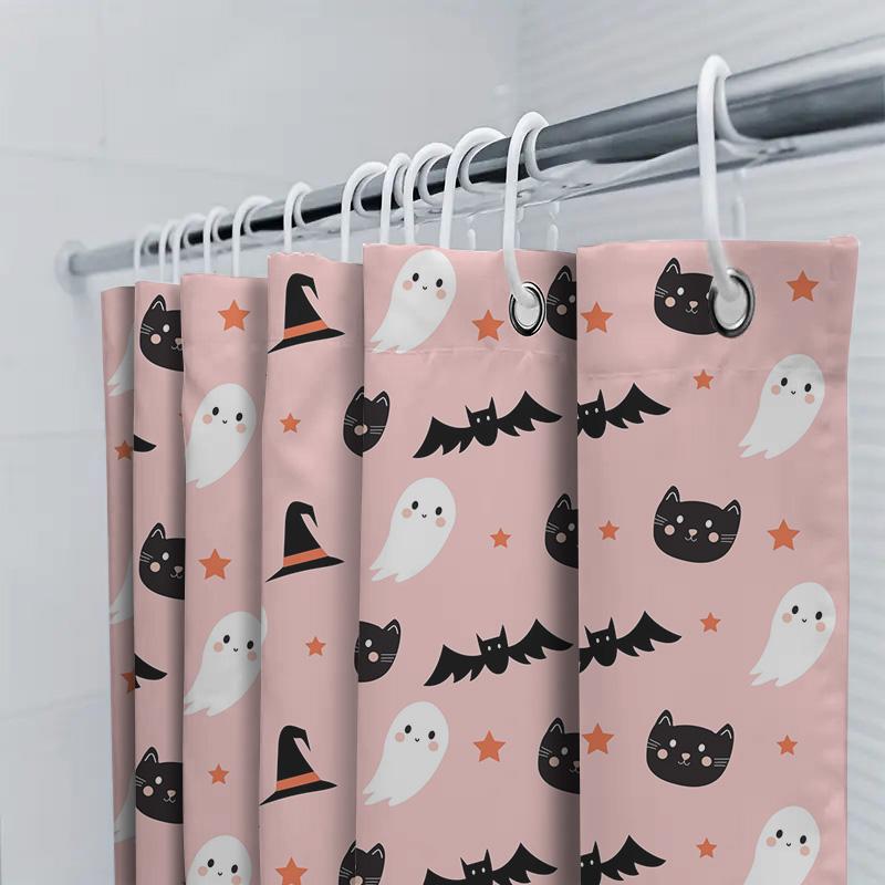 Whimsical Witchy Halloween Decor Shower Curtain Black Cats Bats Pattern Pink Background Polyester Fabric Perfect For Fall Decora