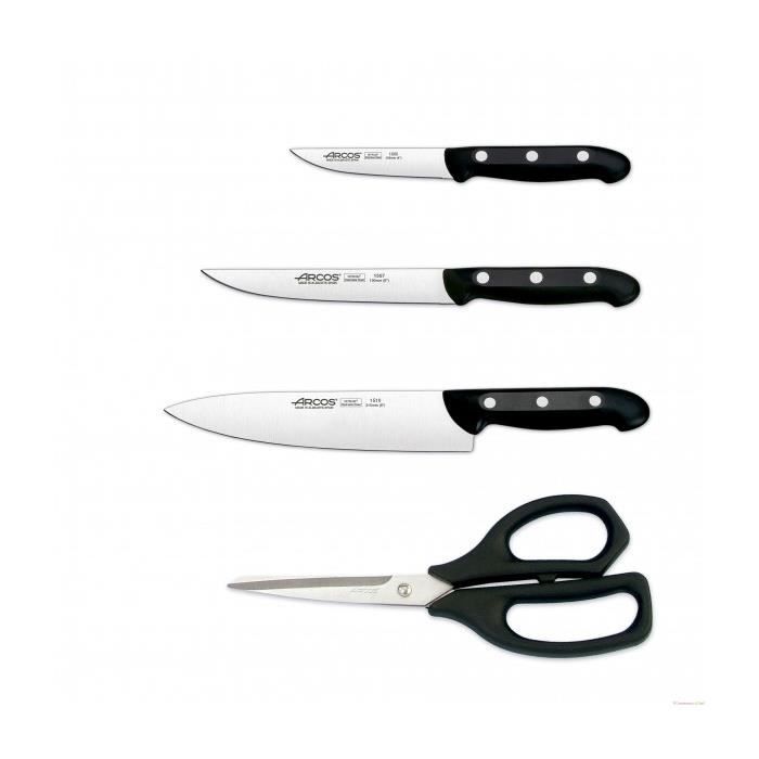 Coffret couteaux et ciseaux - arcos - maitre - lame inox nitrum - manches pp noir rivetés - 3 couteaux + ciseaux